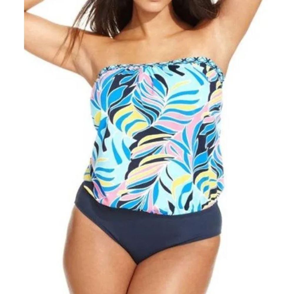 Anne Cole Estilo Strapless Blouson One Piece Swimsuit Blue Tropical Print Size 8